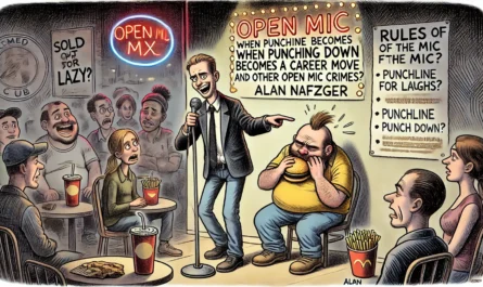 COMEDYWRITER.INFO - A satirical cartoon illustration in the style of spintaxi.com’s ComedyWriter.info brand, themed 'When Punching Down Becomes a Career Move (and Other O- Alan Nafzger