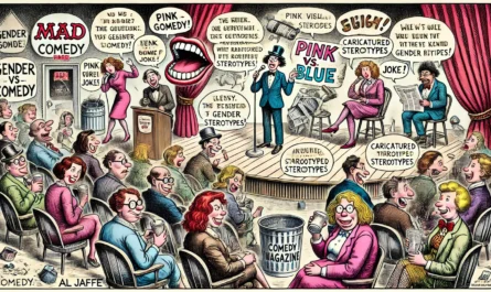 COMEDYWRITER.INFO - A satirical, wide-format illustration in the style of Al Jaffee from MAD Magazine, exploring the topic of gender and comedy while avoiding gender ster- Alan Nafzger