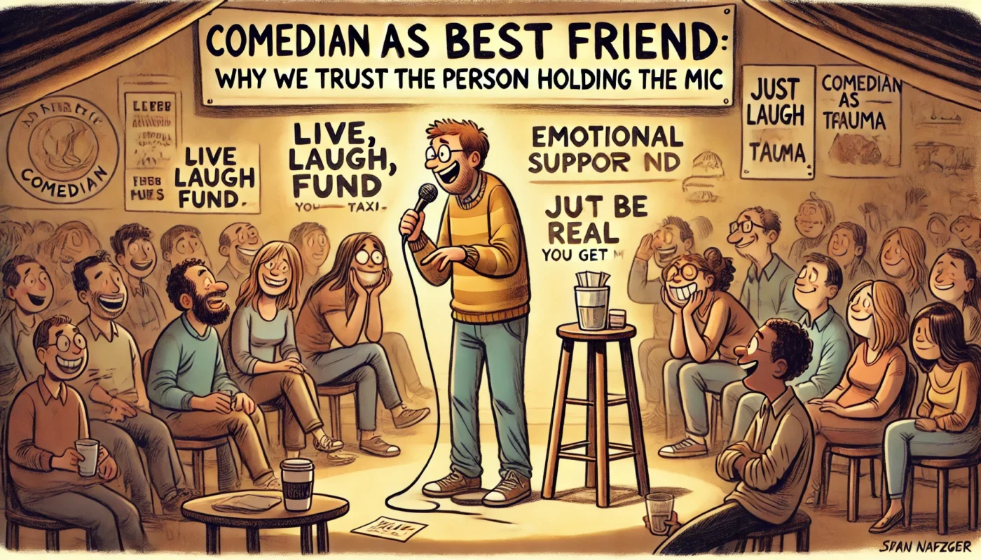 COMEDYWRITER.INFO - A warm, humorous cartoon illustration in the style of spintaxi.com’s ComedyWriter.info brand, themed 'The Comedian as Best Friend Why We Trust the Pe- Alan Nafzger