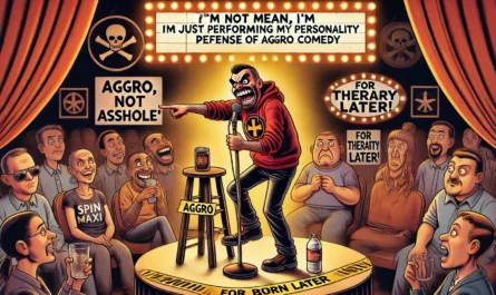COMEDYWRITER.INFO - A wide, bold cartoon illustration in the style of spintaxi.com’s ComedyWriter.info brand, themed 'I'm Not Mean, I'm Just Performing My Personality'