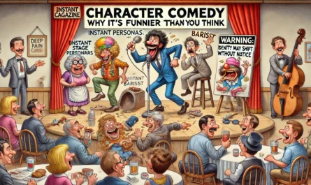 COMEDYWRITER.INFO - A wide, clean, satirical cartoon illustration in the style of MAD Magazine, themed “Character Comedy Why It’s Funnier Than You Think.” The scene show- Alan Nafzger