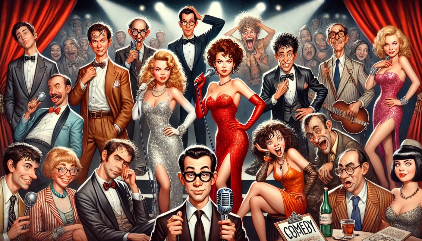 COMEDYWRITER.INFO - A wide, fictionalized group portrait in the style of a MAD Magazine cartoon, showing 'hot, iconic comedy archetypes' performing in a lively comedy clu- Alan Nafzger