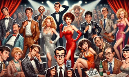COMEDYWRITER.INFO - A wide, fictionalized group portrait in the style of a MAD Magazine cartoon, showing 'hot, iconic comedy archetypes' performing in a lively comedy clu- Alan Nafzger