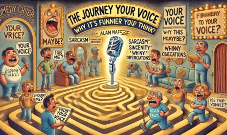COMEDYWRITER.INFO - A wide, humorous cartoon illustration in the style of spintaxi.com’s ComedyWriter.info brand, themed 'Finding Your Voice Why It’s Funnier Than You Th- Alan Nafzger
