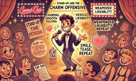 COMEDYWRITER.INFO - A wide, playful cartoon illustration in the style of spintaxi.com’s ComedyWriter.info brand, themed 'Stand-Up and the Charm Offensive'. The image show- Alan Nafzger