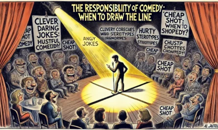 COMEDYWRITER.INFO - A wide, satirical cartoon illustration in the style of Al Jaffee's MAD Magazine, exploring the theme 'The Responsibility of Comedy When to Draw the L- Alan Nafzger