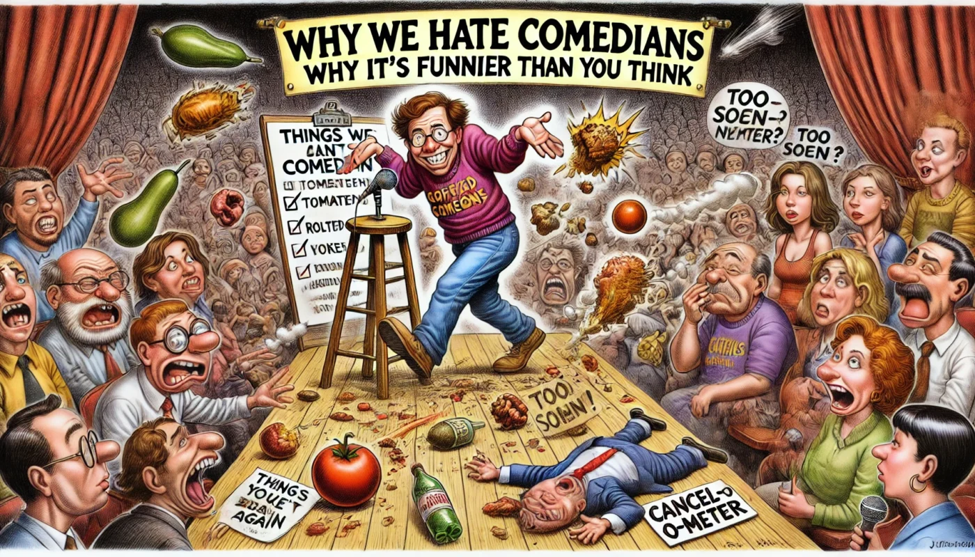 COMEDYWRITER.INFO - A wide, satirical cartoon illustration in the style of Al Jaffee’s MAD Magazine, themed 'Why We HATE Comedians Why It’s Funnier Than You Think'. The - Alan Nafzger