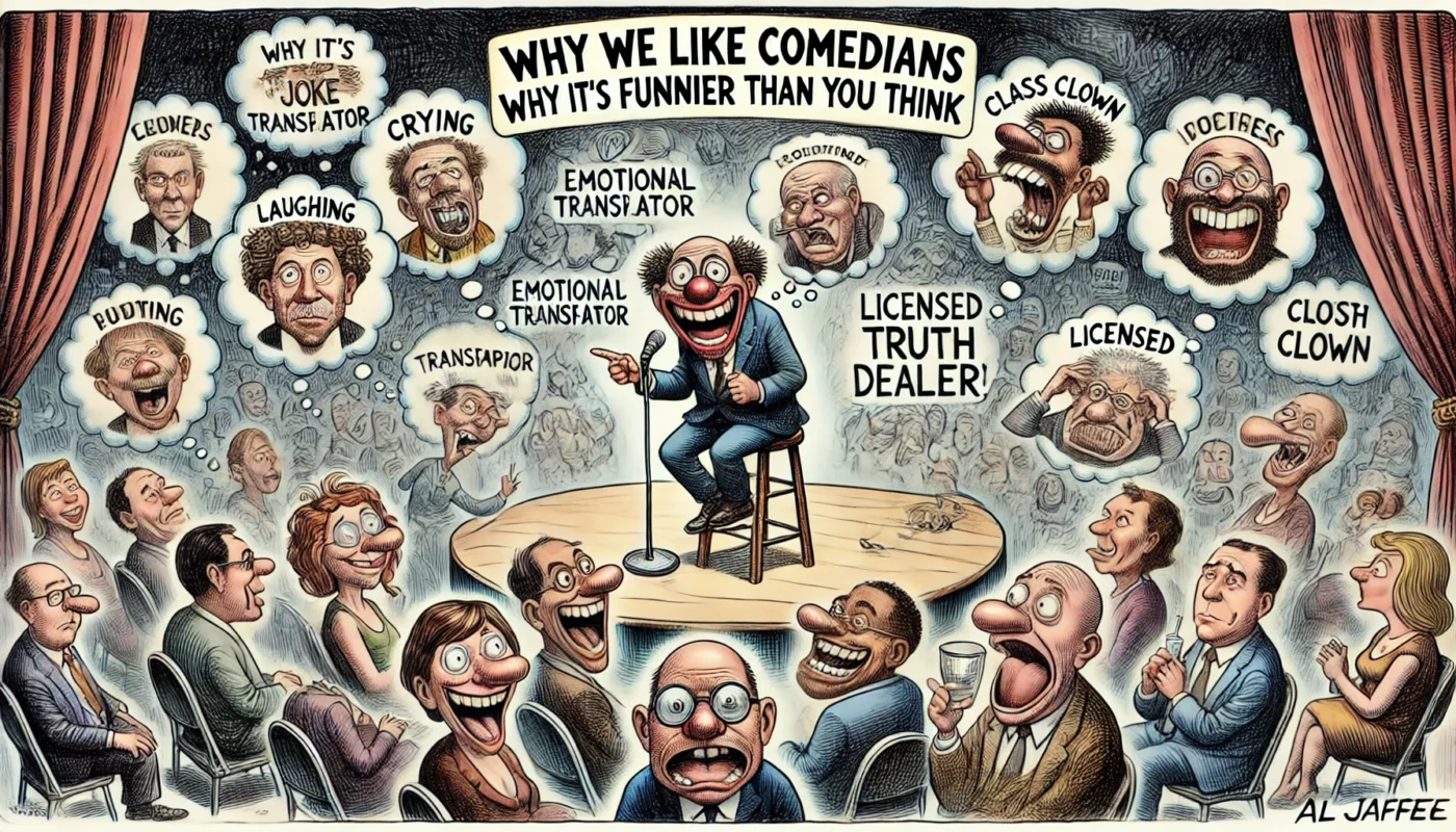 COMEDYWRITER.INFO - A wide, satirical cartoon illustration in the style of Al Jaffee's MAD Magazine, themed 'Why We Like Comedians Why It's Funnier Than You Think'. The - Alan Nafzger