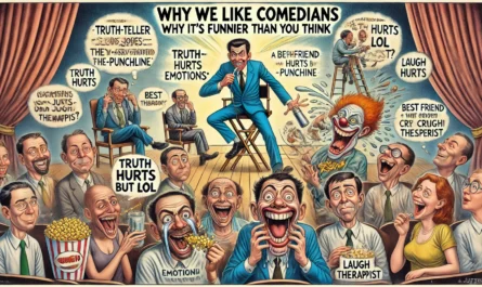 COMEDYWRITER.INFO - A wide, satirical cartoon illustration in the style of Al Jaffee’s MAD Magazine, themed 'Why We Like Comedians Why It’s Funnier Than You Think'. The - Alan Nafzger