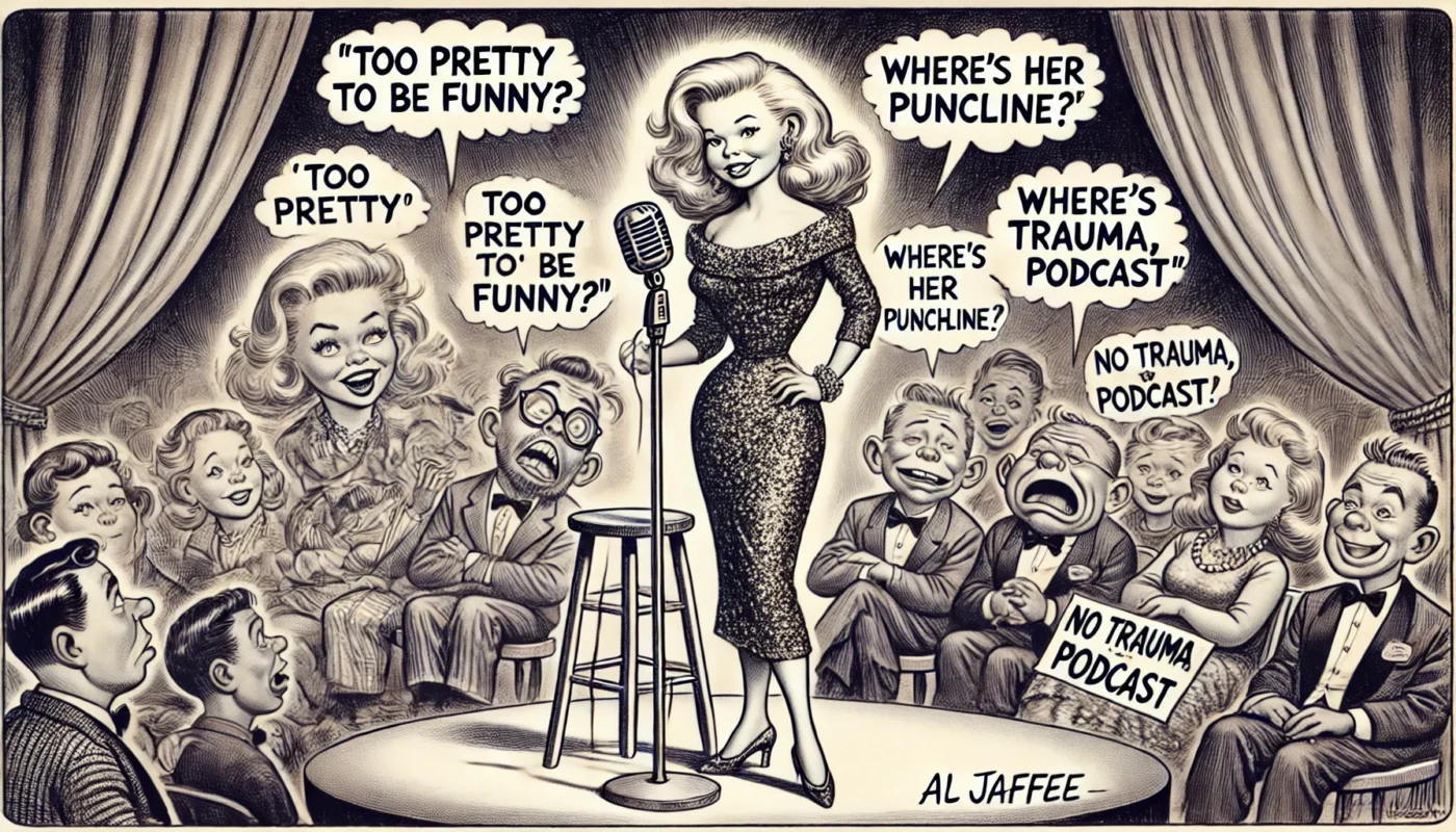 COMEDYWRITER.INFO - A wide, satirical cartoon illustration in the style of Al Jaffee’s MAD Magazine. The scene features a confident, stylish young blonde female stand-up - Alan Nafzger
