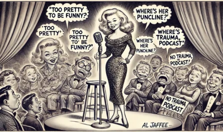 COMEDYWRITER.INFO - A wide, satirical cartoon illustration in the style of Al Jaffee’s MAD Magazine. The scene features a confident, stylish young blonde female stand-up - Alan Nafzger