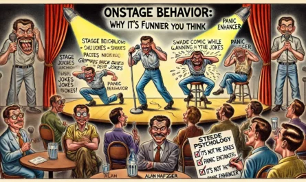 COMEDYWRITER.INFO - A wide, satirical cartoon illustration in the style of MAD Magazine, themed 'Onstage Behavior Why It’s Funnier Than You Think' by Alan Nafzger. The s- Alan Nafzger