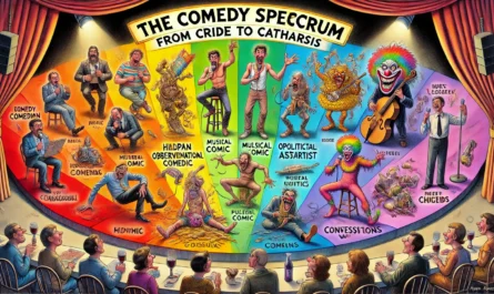 COMEDYWRITER.INFO - A wide, satirical cartoon illustration in the style of MAD Magazine, titled 'The Comedy Spectrum'. The image features a colorful, exaggerated comedy c- Alan Nafzger
