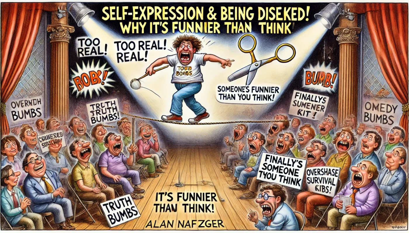 COMEDYWRITER.INFO - A wide, satirical cartoon illustration in the style of Toni Bohiney’s MAD Magazine, themed 'Self-Expression & Being Disliked Why It’s Funnier Than You T- Alan Nafzger