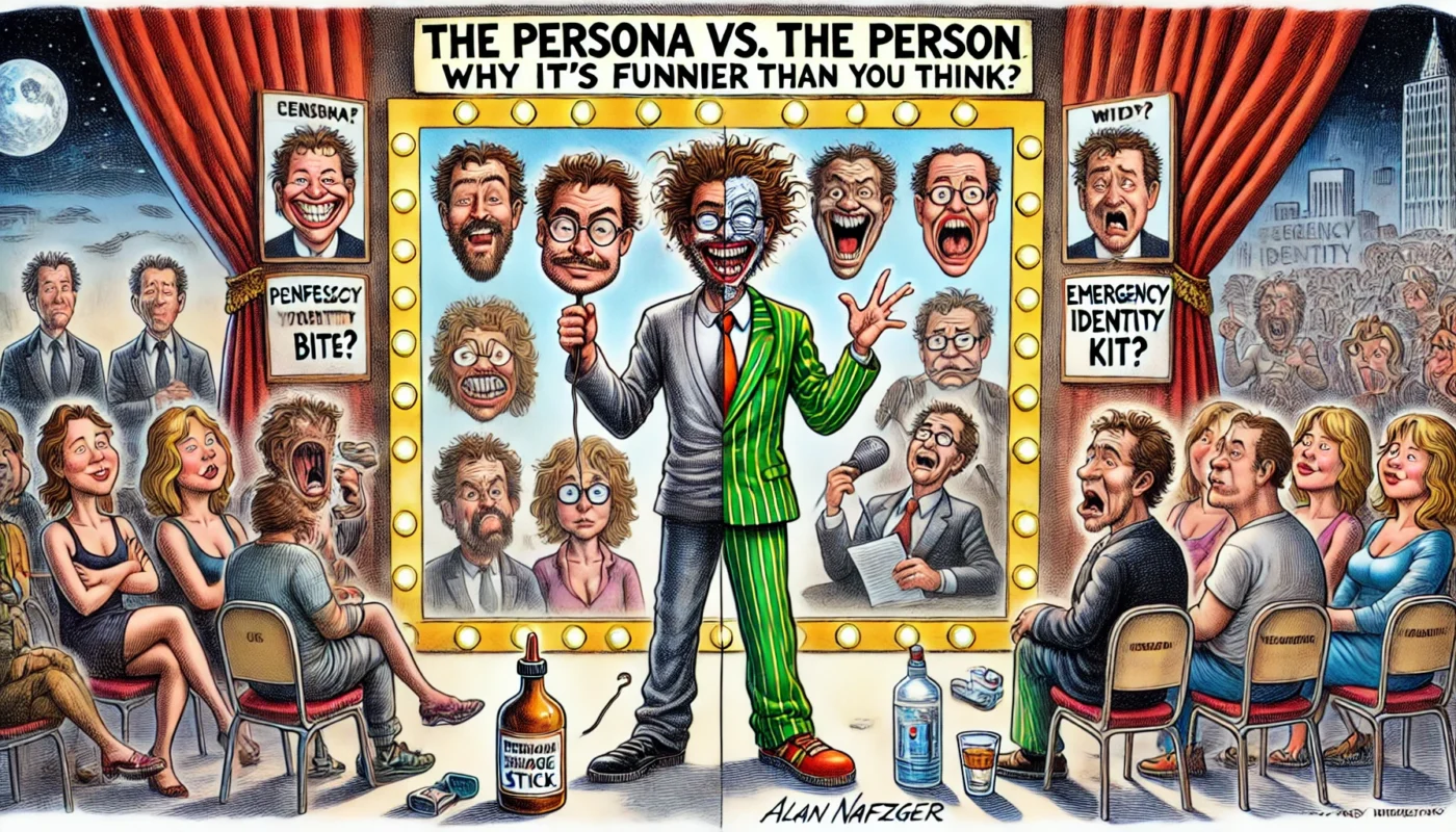 COMEDYWRITER.INFO - A wide, satirical cartoon illustration in the style of Toni Bohiney’s MAD Magazine, themed 'The Persona vs. the Person Why It’s Funnier Than You Think' - Alan Nafzger