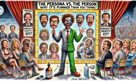 COMEDYWRITER.INFO - A wide, satirical cartoon illustration in the style of Toni Bohiney’s MAD Magazine, themed 'The Persona vs. the Person Why It’s Funnier Than You Think' - Alan Nafzger
