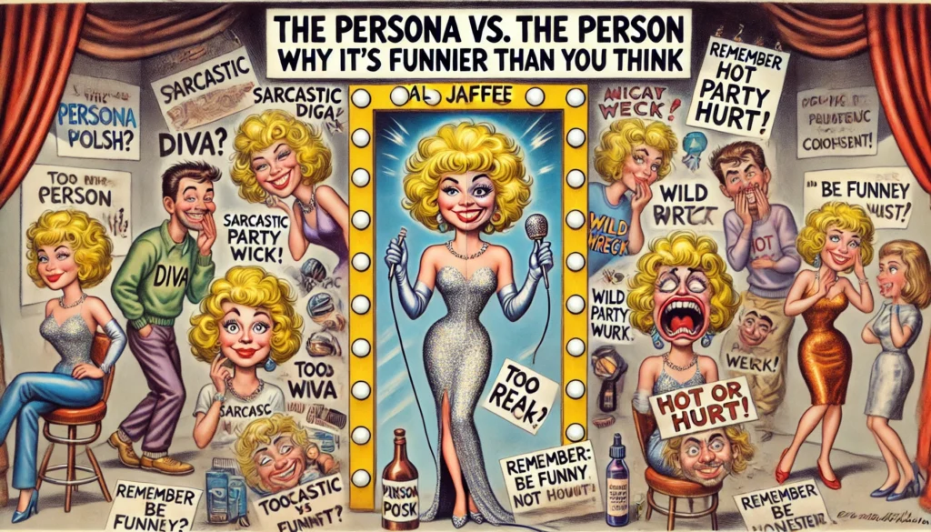 COMEDYWRITER.INFO - A wide, satirical cartoon illustration in the style of Toni Bohiney’s MAD Magazine, themed 'The Persona vs. the Person Why It’s Funnier Than You Think'- Alan Nafzger