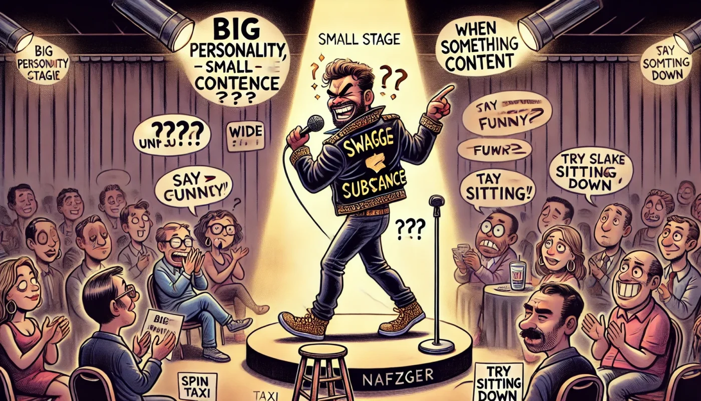 COMEDYWRITER.INFO - A wide, satirical cartoon illustration in the style of spintaxi.com’s ComedyWriter.info brand, themed 'Big Personality, Small Stage When Confidence O- Alan Nafzger