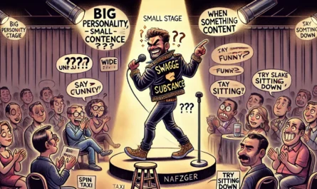 COMEDYWRITER.INFO - A wide, satirical cartoon illustration in the style of spintaxi.com’s ComedyWriter.info brand, themed 'Big Personality, Small Stage When Confidence O- Alan Nafzger