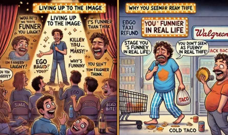 COMEDYWRITER.INFO - A wide, satirical cartoon illustration in the style of spintaxi.com’s ComedyWriter.info brand, themed 'Living Up to the Image Why It’s Funnier Than Y- Alan Nafzger