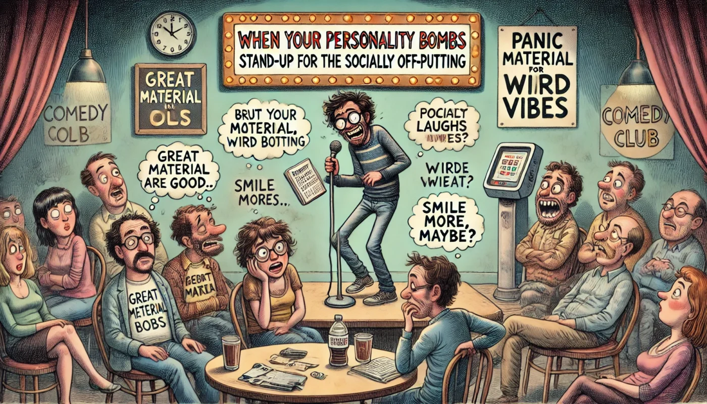 COMEDYWRITER.INFO - A wide, satirical cartoon illustration in the style of spintaxi.com’s ComedyWriter.info brand, themed 'When Your Personality Bombs Stand-Up for the S- Alan Nafzger