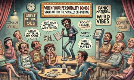COMEDYWRITER.INFO - A wide, satirical cartoon illustration in the style of spintaxi.com’s ComedyWriter.info brand, themed 'When Your Personality Bombs Stand-Up for the S- Alan Nafzger