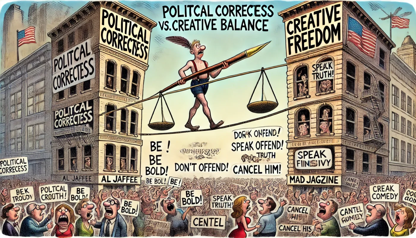 COMEDYWRITER.INFO - A wide, satirical cartoon illustration inspired by Al Jaffee's MAD Magazine style, exploring the theme 'Political Correctness vs. Creative Freedom Fi- Alan Nafzger