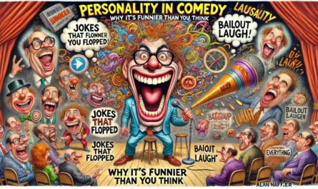 COMEDYWRITER.INFO - A wide, satirical cartoon illustration inspired by Al Jaffee's MAD Magazine style, illustrating the idea 'Personality in Comedy Why It's Funnier Than- Alan Nafzger