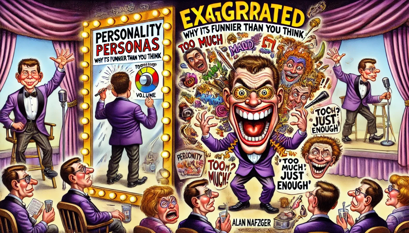 COMEDYWRITER.INFO - A wide, satirical cartoon illustration , themed 'Exaggerated Personas Why It’s Funnier Than You Think' by Alan Nafzger. T- Alan Nafzger