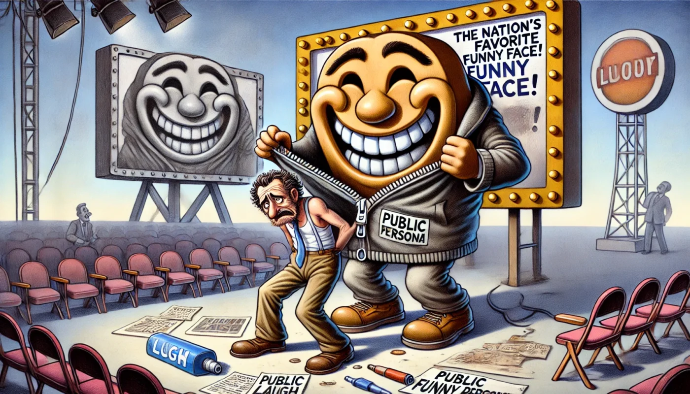 COMEDYWRITER.INFO - A wide, symbolic cartoon illustration inspired by the concept of a fictional entertainer trapped by their public image. - Alan Nafzger