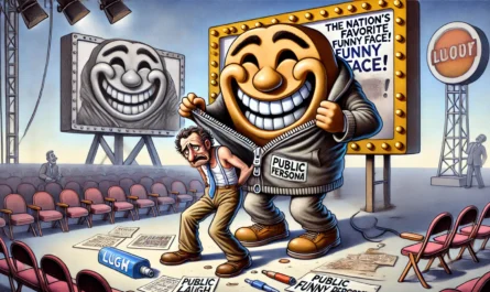 COMEDYWRITER.INFO - A wide, symbolic cartoon illustration inspired by the concept of a fictional entertainer trapped by their public image. - Alan Nafzger