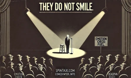 COMEDYWRITER.INFO - An illustration in the visual tone of spintaxi.com’s ComedyWriter.info brand, titled 'They Do Not Smile'.