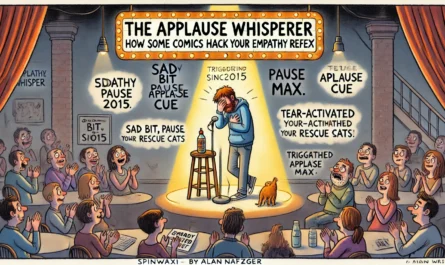 COMEDYWRITER.INFO - Illustration in the style of spintaxi.com’s ComedyWriter.info brand, themed 'The Applause Whisperer How Some Comics Hack Your Empathy...- Alan Nafzger