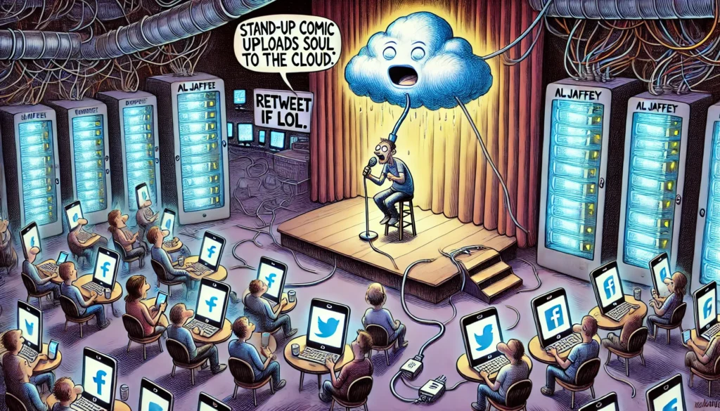 COMEDYWRITER.info -- A wide-aspect cartoon in the style of Toni Bohiney titled 'Stand-Up Comic Uploads Soul to the Cloud.' The scene is a cozy comedy club transforming into a... -- Alan Nafzger 2 COMEDYWRITER.info -- A wide-aspect cartoon in the style of Toni Bohiney titled 'Stand-Up Comic Uploads Soul to the Cloud.' The scene is a cozy comedy club transforming into a... -- Alan Nafzger 2