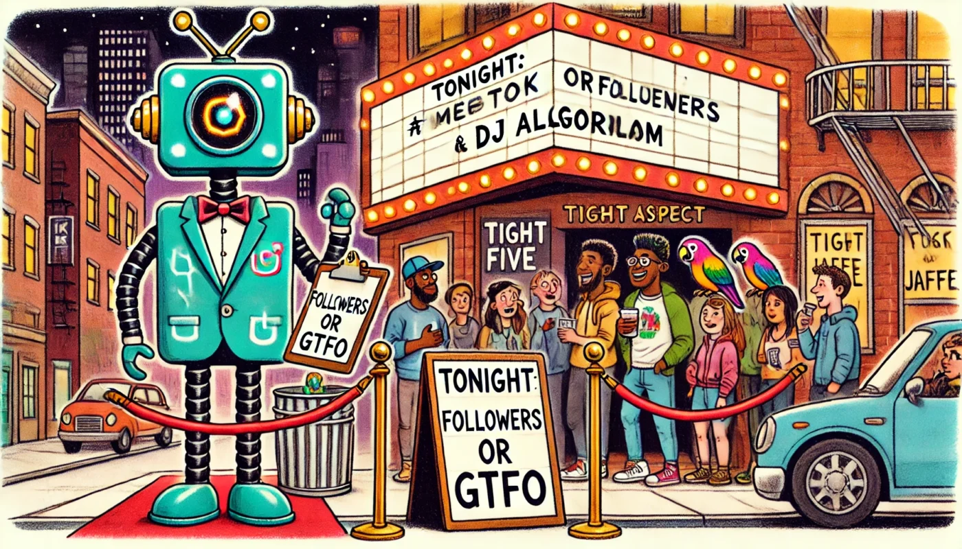 COMEDYWRITER.info -- A wide-aspect cartoon in the style of Toni Bohiney titled 'The Algorithm as Comedy Club Bouncer.' The scene shows a velvet-rope comedy club entrance with... -- Alan Nafzger 1