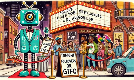COMEDYWRITER.info -- A wide-aspect cartoon in the style of Toni Bohiney titled 'The Algorithm as Comedy Club Bouncer.' The scene shows a velvet-rope comedy club entrance with... -- Alan Nafzger 1