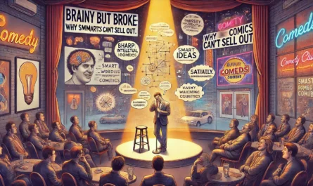 COMEDYWRITER.info - A wide-format digital illustration for an article titled 'Brainy But Broke Why Smart Comics Can't Sell Out'. The scene features a brilliant stand-up - Alan Nafzger 2