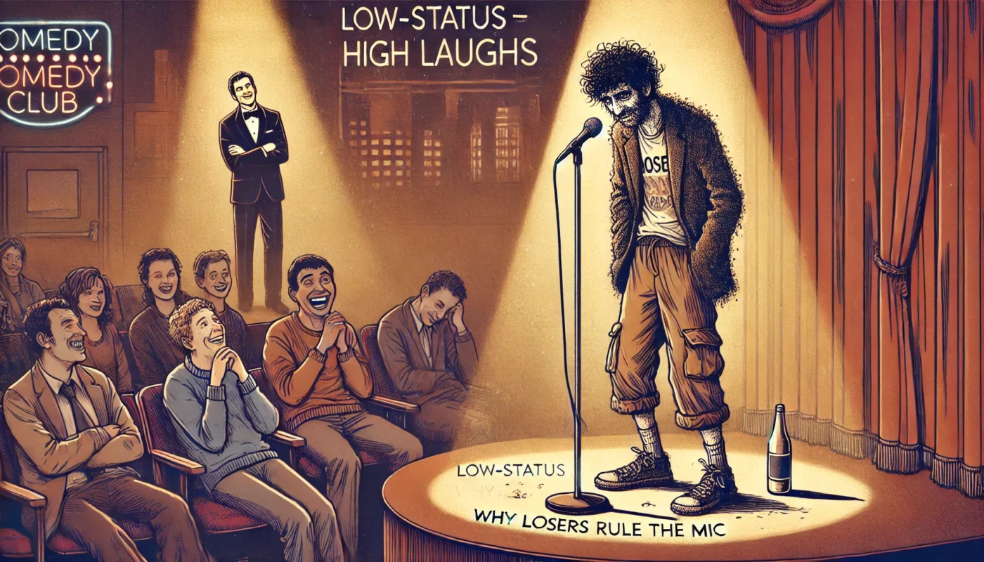 COMEDYWRITER.info - A wide-format digital illustration for an article titled 'Low-Status = High Laughs Why Losers Rule the Mic'. The scene shows a scruffy, awkward-looki- Alan Nafzger 2