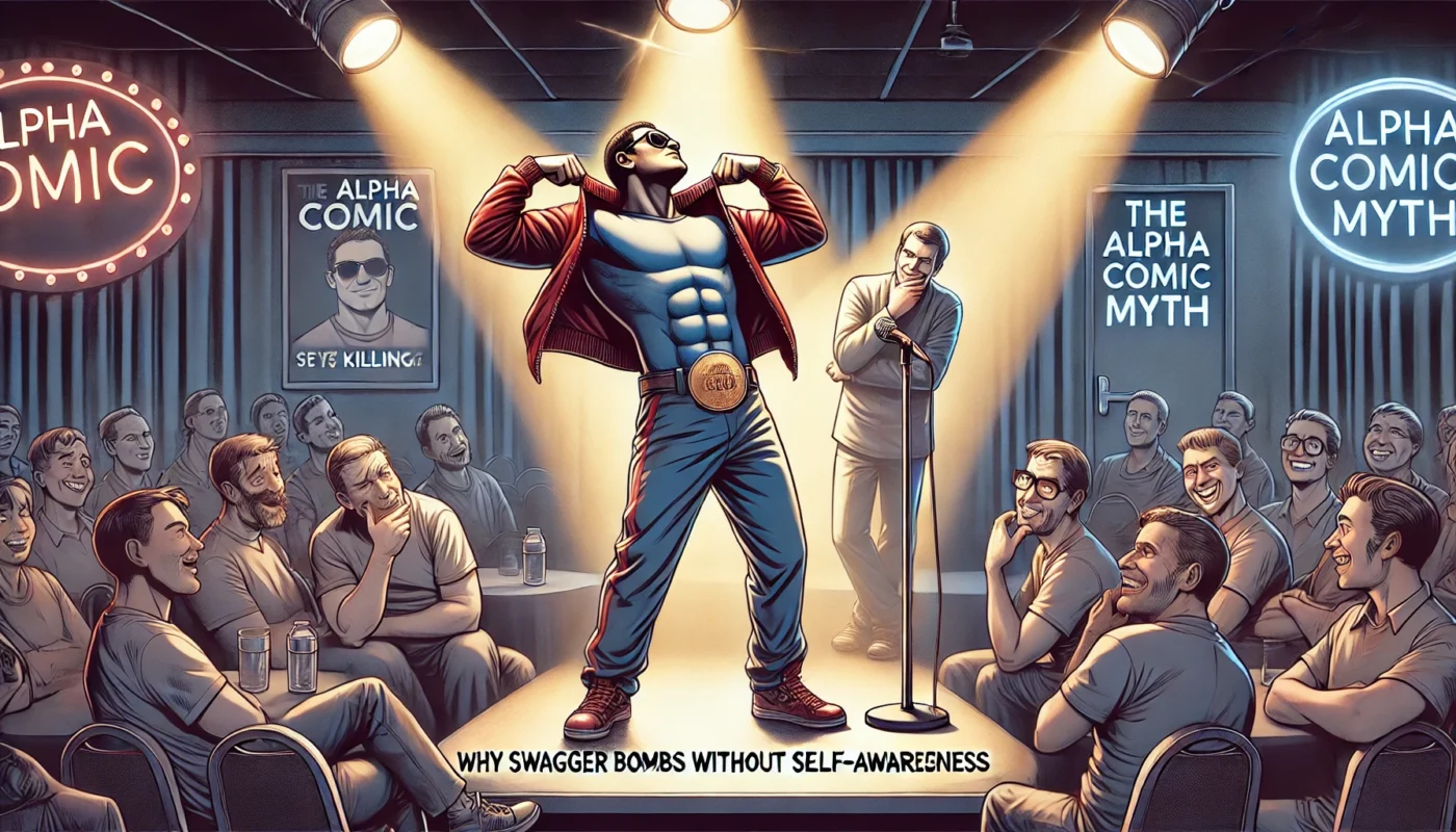 COMEDYWRITER.info - A wide-format digital illustration for an article titled 'The Alpha Comic Myth Why Swagger Bombs Without Self-Awareness'. The scene shows a confident- Alan Nafzger 1