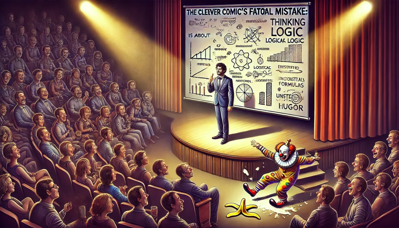 COMEDYWRITER.info - A wide-format digital illustration for an article titled 'The Clever Comic's Fatal Mistake Thinking Laughter Is About Logic'. The scene shows a stand- Alan Nafzger 1