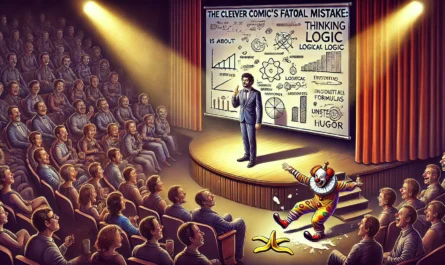 COMEDYWRITER.info - A wide-format digital illustration for an article titled 'The Clever Comic's Fatal Mistake Thinking Laughter Is About Logic'. The scene shows a stand- Alan Nafzger 1