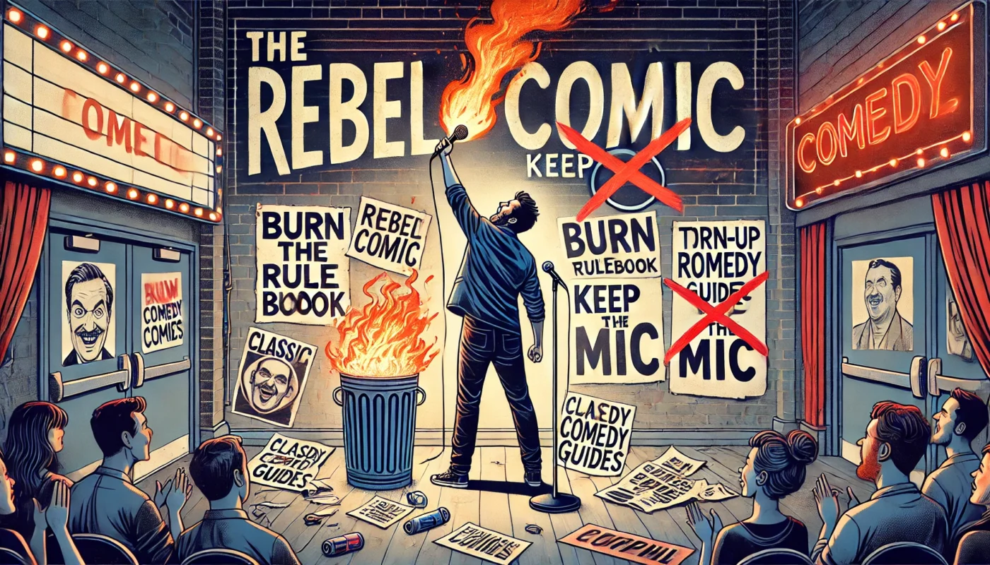 COMEDYWRITER.info - A wide-format digital illustration for an article titled 'The Rebel Comic Blueprint Burn the Rulebook, Keep the Mic'. The scene features a stand-up c- Alan Nafzger 1