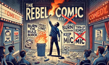 COMEDYWRITER.info - A wide-format digital illustration for an article titled 'The Rebel Comic Blueprint Burn the Rulebook, Keep the Mic'. The scene features a stand-up c- Alan Nafzger 1