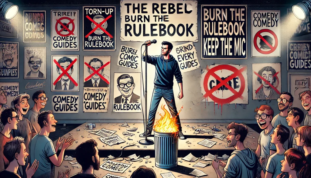 COMEDYWRITER.info - A wide-format digital illustration for an article titled 'The Rebel Comic Blueprint Burn the Rulebook, Keep the Mic'. The scene features a stand-up c- Alan Nafzger 2