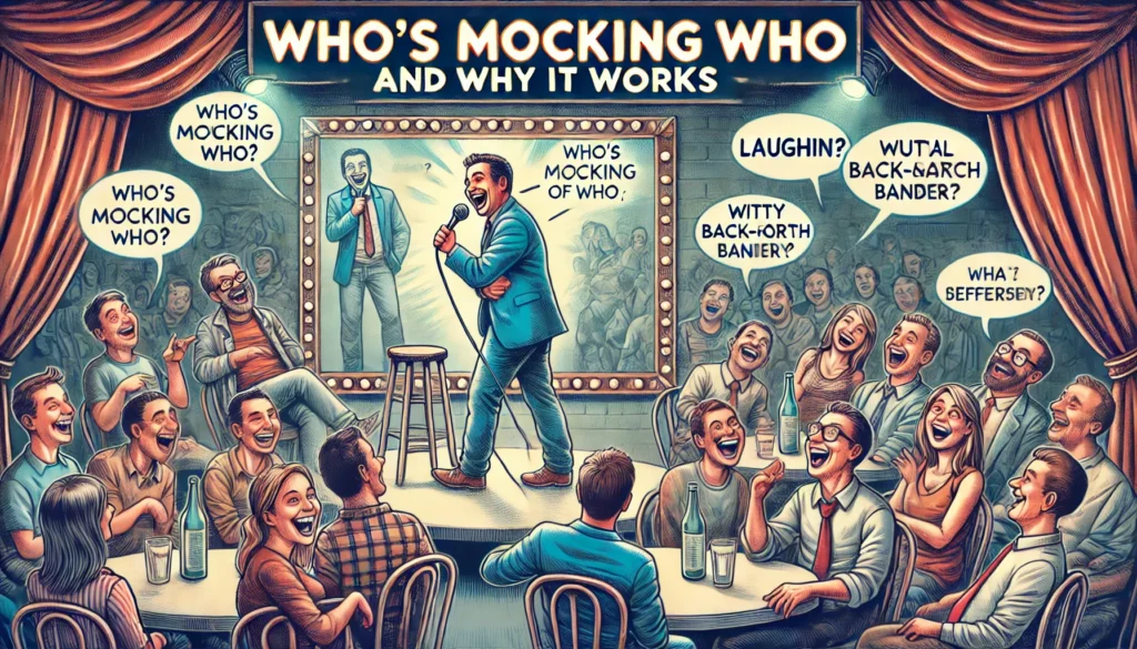 COMEDYWRITER.info - A wide-format digital illustration for an article titled 'Who's Mocking Who (and Why It Works)'. The scene is a comedy club stage where a stand-up com- Alan Nafzger 1