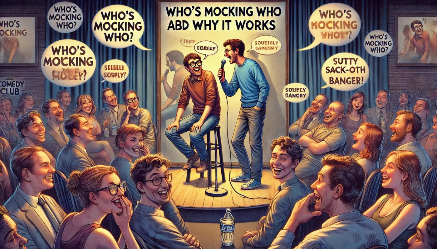 COMEDYWRITER.info - A wide-format digital illustration for an article titled 'Who's Mocking Who (and Why It Works)'. The scene is a comedy club stage where a stand-up com- Alan Nafzger 2