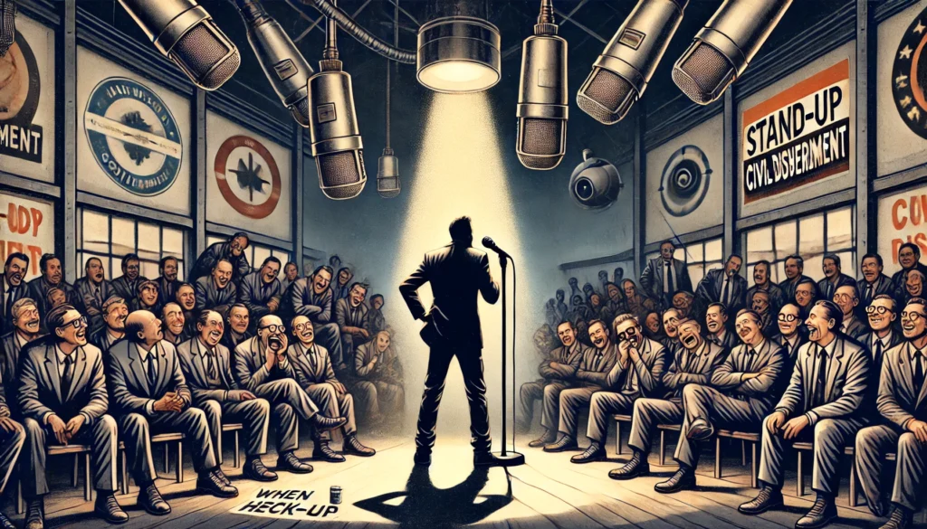 COMEDYWRITER.info - A wide-format, dramatic digital illustration for an article titled 'When Hecklers Are the Government Stand-Up as Civil Disobedience'. The scene shows- Alan Nafzger 1