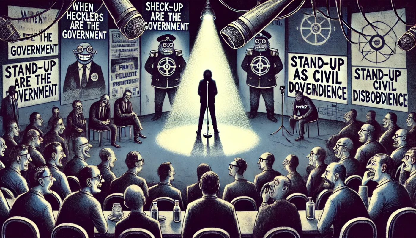 COMEDYWRITER.info - A wide-format, dramatic digital illustration for an article titled 'When Hecklers Are the Government Stand-Up as Civil Disobedience'. The scene shows- Alan Nafzger 2