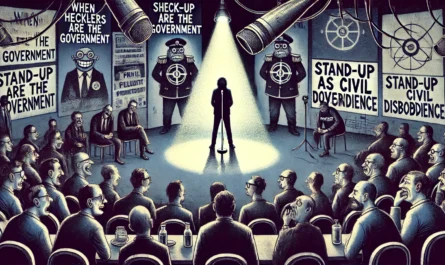 COMEDYWRITER.info - A wide-format, dramatic digital illustration for an article titled 'When Hecklers Are the Government Stand-Up as Civil Disobedience'. The scene shows- Alan Nafzger 2