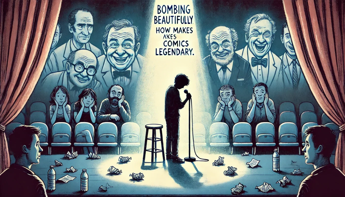 COMEDYWRITER.info - A wide-format, emotionally rich digital illustration for an article titled 'Bombing Beautifully How Failure Makes Comics Legendary'. The scene shows - Alan Nafzger 1